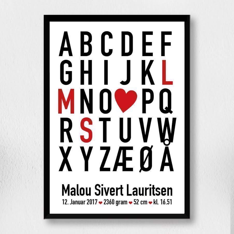 Fødselsplakat med alfabetet og hjerte a3